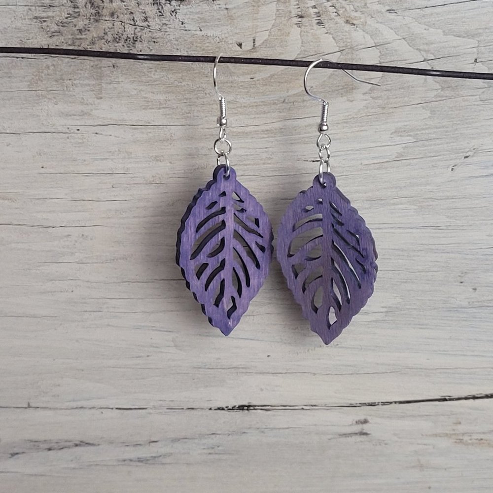 Wood Earrings - Purple Leaf